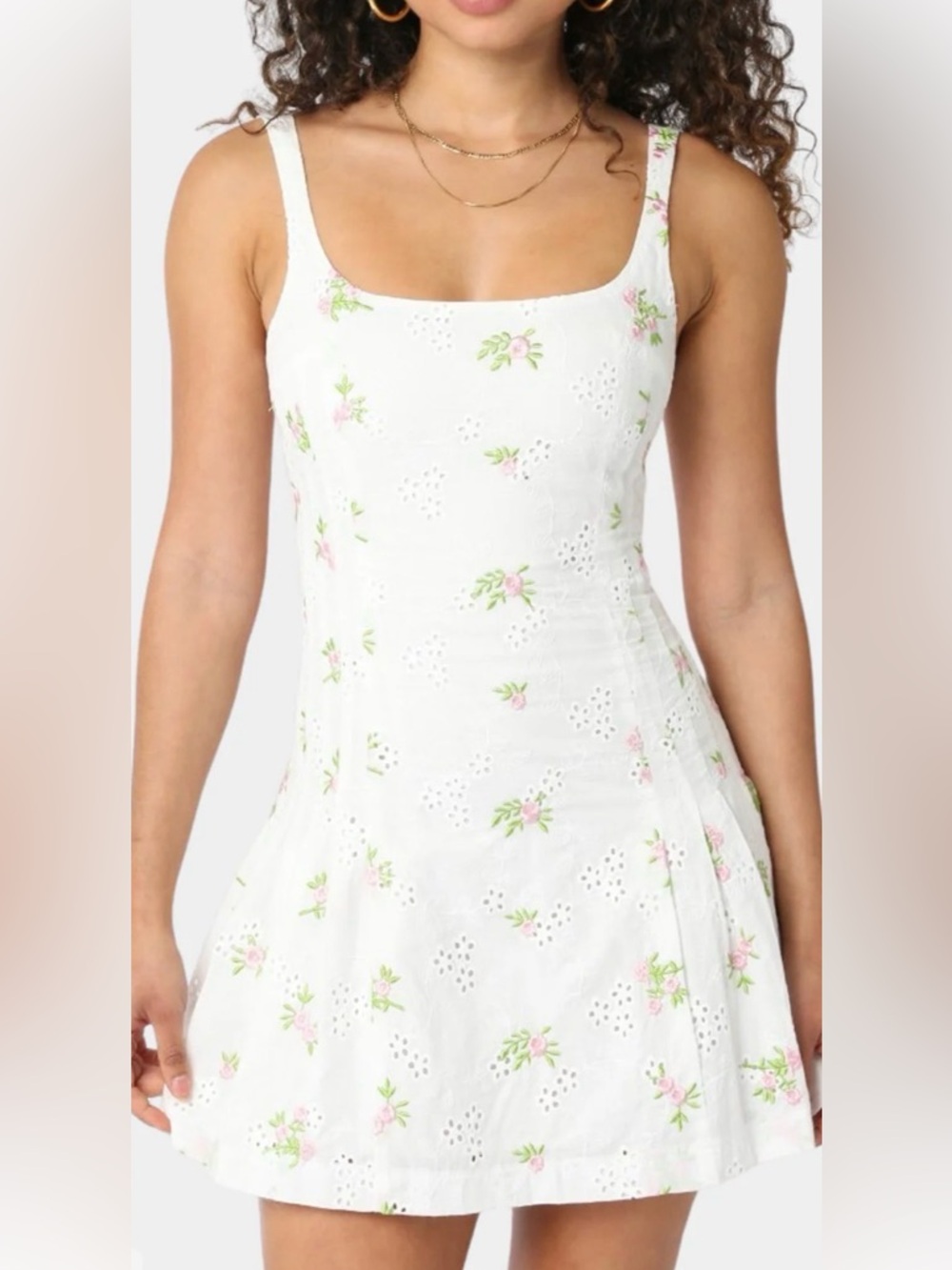 Olivaceous Size Large White Mini Dress With Pink Flower Embroidery Cottagecore